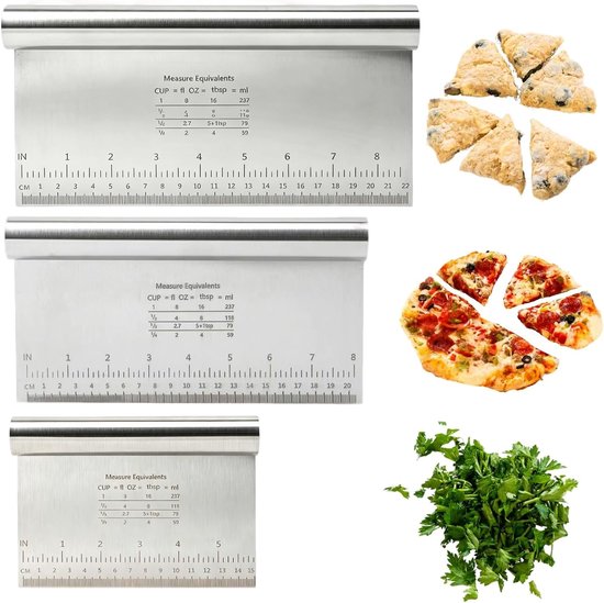 3 stuks deegschrapers roestvrij staal, 15/20/22 cm deegsnijder met maatschaal, antiaanbakdeegsnijder, deegkaart, roestvrij staal, deegspatel, bakgerei voor taart, pizza, cake koekjes