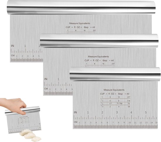 3 stuks deegschrapers roestvrij staal, anti-aanbak, deegkaart roestvrij staal, 15/20/25 cm deegsnijder met meetschaal, groenteschep, keukenschraper voor cake, pizza, cake, cake, cake, deeg, bakgerei