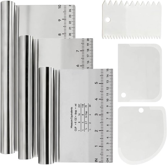 3 stuks deegschrapers, roestvrij staal, antislip deegkaart, groot, met meetschaal, deegsnijder voor cake, pizza, taart, dong, bakgerei (15/20/25 cm)