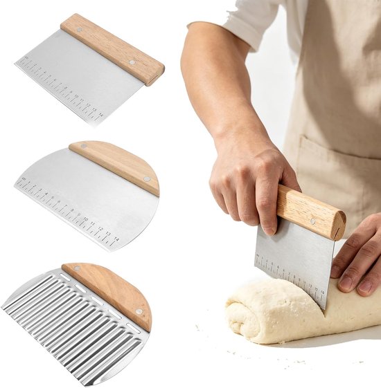 3 stuks deegschrapers van roestvrij staal, deegsnijder met maatschaal, antiaanbaklaag, roestvrij staal, snijden voor taarten, brood, cake, pizza, taart, deegbakgerei