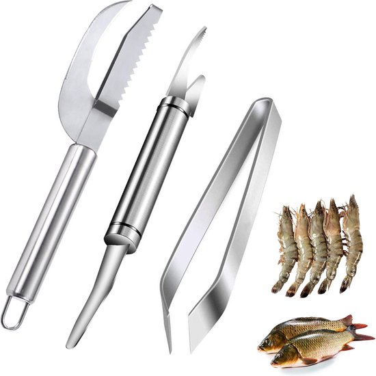 3 stuks garnalengereedschap, visschubbenschraper, roestvrij staal, 5-in-1 multifunctionele garnalenset, visschubbenverwijderaar, geschikt voor vissen/garnalen van Merkloos