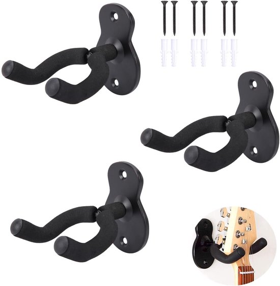 3 stuks gitaarwandhouders, gitaarhouder met beschermende spons, voor aan de muur voor akoestische gitaar, klassieke gitaar, elektrische gitaar, bas, ukelele, wordt geleverd met twee peddels