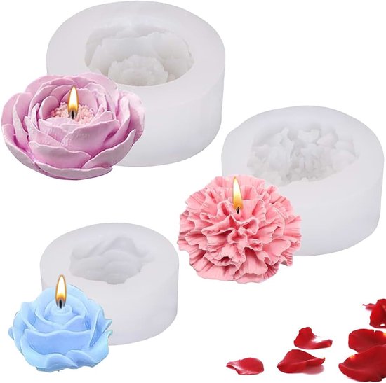 3 stuks kaarsvormen om te gieten, rozen, anjer, pioenroos, siliconen vorm, 3D-kaarsvormen, siliconen bloemen, kaarsvorm, siliconen voor geurkaarsen, ornamenten, geschenken