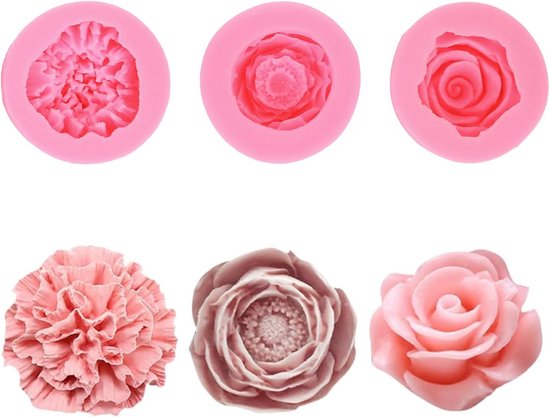 3 stuks kaarsvormen, siliconen, rozen, anjer, pioenroos, gietvormen, kaarsvormen om te gieten, bloemen, 3D (bloem roze)