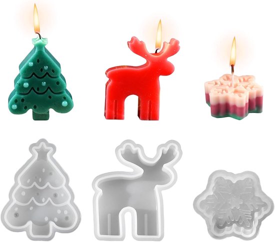 3 stuks kerstboomherten sneeuwvlok kaarsvormen voor het maken van kaarsen, aromatherapie zeep fondant maken mallen voor kerstfeest, huisdecoratie, knutselen, doe-het-zelf