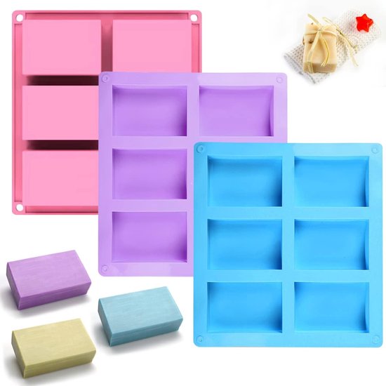 3 stuks rechthoekige siliconen zeepvormen, 6 holtes, 8 x 5,5 cm | gemakkelijk te ontvormen, voor DIY zelfgemaakte handgemaakte zeep