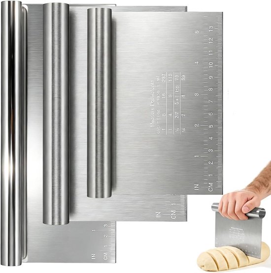3 stuks, roestvrij staal, 15/20/25 cm, deegsnijder met meetschaal, deegkaart, set, deegspatel, pizza, deegschraper, kookschep, groenteschep, keukenspatel, keukenspatel