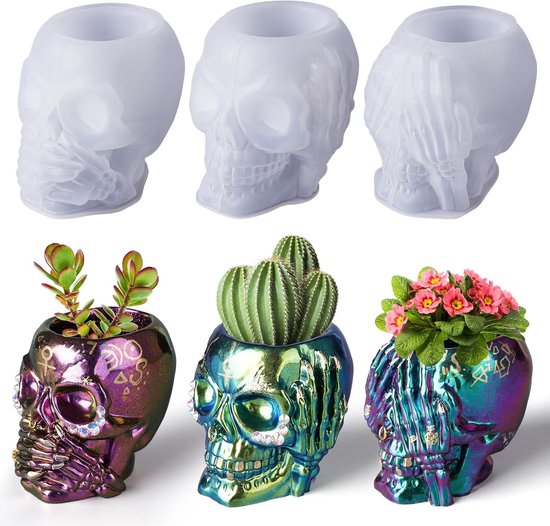 3 stuks siliconen bakvormen 3D doodskop voor epoxyhars, vaasvorm, 3D-ijsblokjes van siliconen, schedel, Halloween-schedel, doe-het-zelf, siliconen vormen, schedel voor decoratie, huis, handwerk, feest