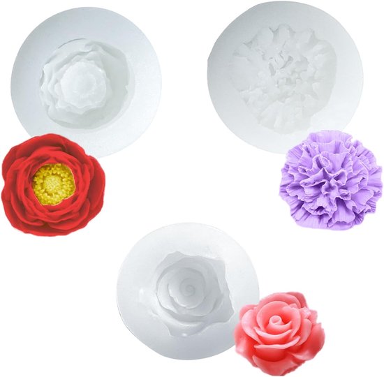3 stuks siliconen gietvormen, bloemen, kaarsvormen, siliconen rozen, anjer, pioenroos, 3D-gietvorm, siliconen gietvorm, bloemen, bloem, groot, voor chocolade, handgemaakte geurkaarsen, zeep