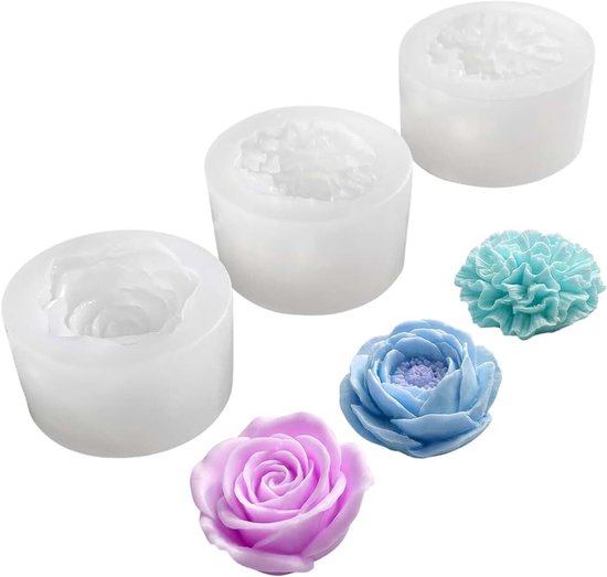 3 stuks siliconen gietvormen, bloemen met roos, anjer, pioenroos, kaarsvormen siliconen om te gieten, siliconen vormen, gietvormen, bloemen voor kaarsen, chocolade, kunsthandwerk, decoraties