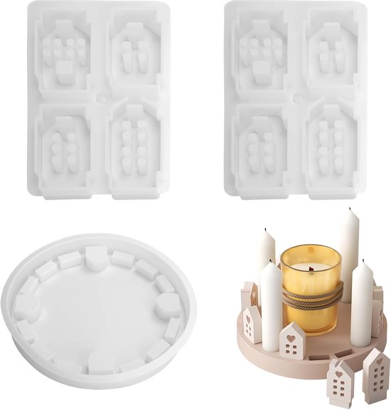 3 stuks siliconen gietvormen kaarsenhouder huisset – 3D siliconen vorm huizen met hartpatroon, gietvormen Kerstmis voor kaarsen, gips en zeep, doe-het-zelf decoratie en cadeau-idee