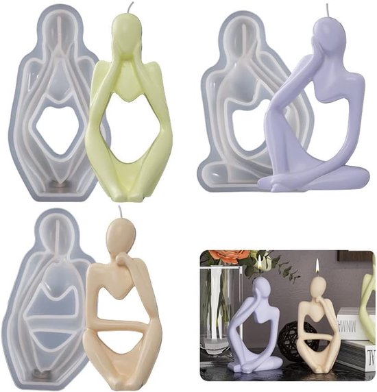 3 stuks siliconen kaarsvormen, Abstracte Denker siliconen kaarsvormen, 3D Denker standbeeld epoxyhars vormen, kaarsen siliconen vormen, kaars gietvormen voor geurkaarsen, zeep, woondecoratie