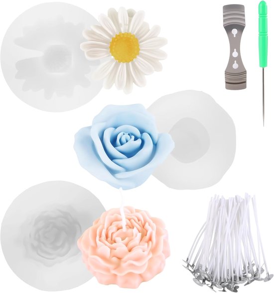 3 stuks siliconen kaarsvormen bloemen, pioenroos, roos, madeliefje kaarsvorm, siliconen vorm kaarsen bloemen voor DIY productie kaarsen zeep gips hars handwerk