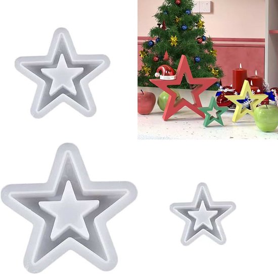 3 stuks siliconen mal voor Kerstmis, siliconen mal voor het gieten van sterren, gipsvorm voor het gieten van kaarsen, siliconen vorm in stervorm, 3D-gipsvorm voor kaarsen (hollow)