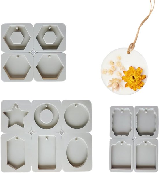3 stuks siliconen vormen, 6/4 holle ruimtes voor zeep, kaarsen en knutselwerk, aromatherapie-hanger, gat om op te hangen en eenvoudig uit te vormen, 10 vormen, grijs