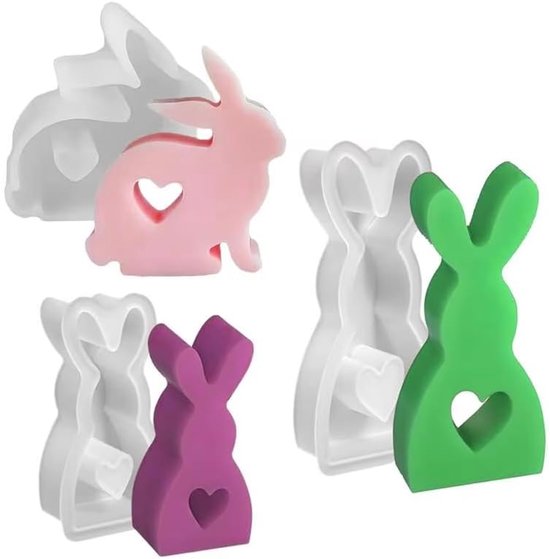 3 stuks siliconen vormen giethazen, siliconen vorm van paashaas, siliconen vorm voor gietvormen, 3D-konijnenvorm