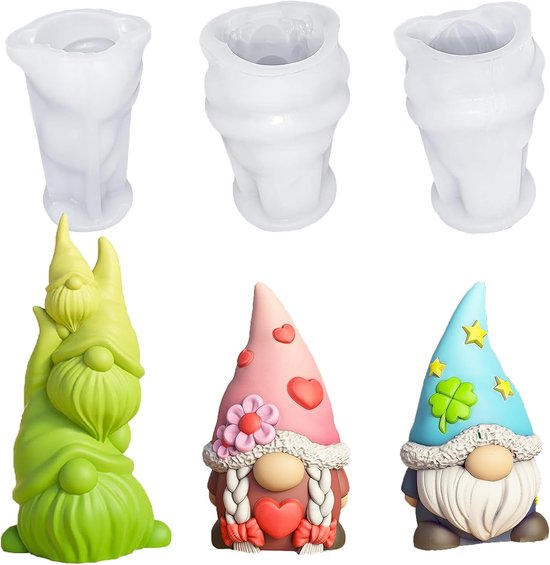 3 stuks siliconen vormen gnome, 3D-kerst-siliconenvormen, kaboulouse kaarsvormen, voor doe-het-zelf kaarsen en zeep, Halloween, kerstcadeaudecoratie