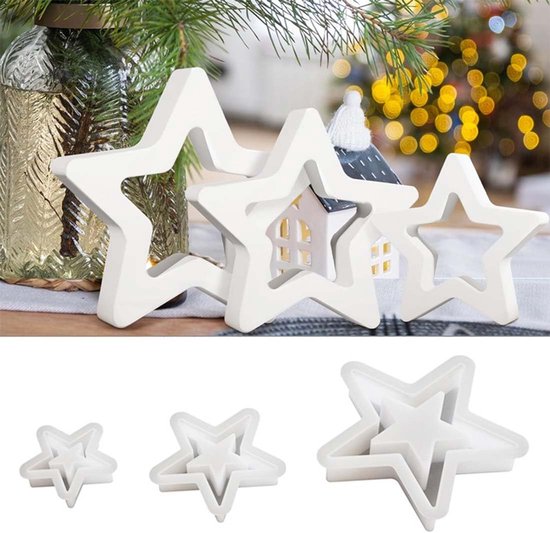 3 stuks siliconen vormen voor gips in stervorm, voor kaarsen en kerstdecoraties, gieten van hars, beton en was, groot, medium en klein, perfect om te knutselen