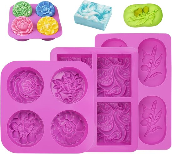 3 stuks Siliconen vormen voor handgemaakte zeep, cupcakes, gelei, gebak | handgemaakte zeepvorm, 4 holle ruimtes, herbruikbaar, gemakkelijk te verwijderen