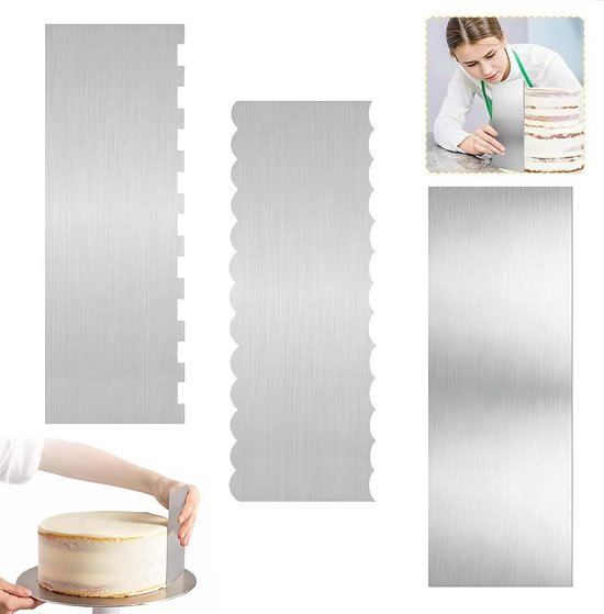 3 stuks taartspatel, taartschraper van roestvrij staal, stijltang voor botercrème, taartspatel, kam, taartranden, glazuurspatel, 3 vormen voor knutselen, botercrème