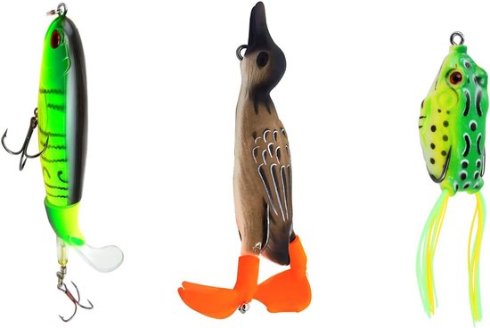 3 stuks Topwater Bass-aas, bevat haringen, 3D-eend, 3D donderkikker (15,35 g/12 g/8 g), kikker crankbait aanval, voor zoetwatervissen / zoutwatervissen