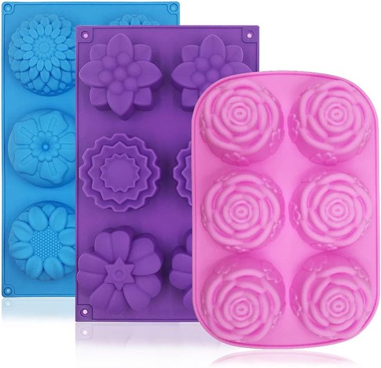 3 stuks zeepvormen, 6 holtes, siliconen bloemvormen bakvormen voor het maken van zeep, muffin, tabletjes, cupcake, cake, maancake