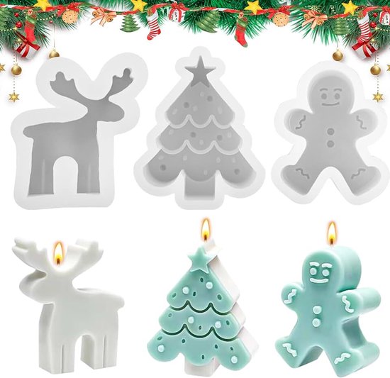 3 vormen voor kerstkaarsen, peperkoek, eland en kerstboom, siliconen vormen voor kerstkaarsen, kerstvormen voor kaarsen, doe-het-zelf kerstdecoratie