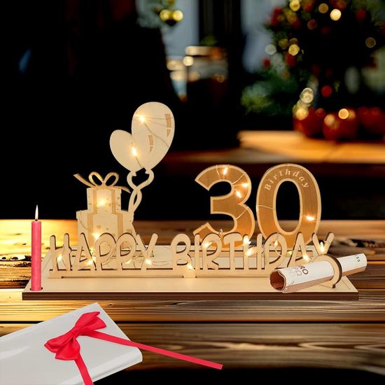 30 jaar geschenken, geldgeschenk verjaardag 30 met LED-lichtsnoer, 30e verjaardag, decoratie, wenskaart voor 30e verjaardag, gastenboek gemaakt van hout, cadeaus voor 30e verjaardag heren dames