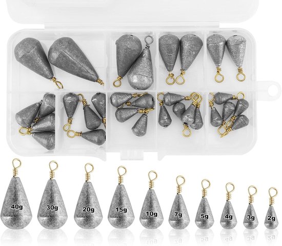30 Stuks Gestroomlijnde Visgerei Lood Gewichten in Diverse Maten voor Zoetwater en Zoutwater, Duurzame en Sterke Lood Sinkers voor Vissen in Rivieren en Oceanen