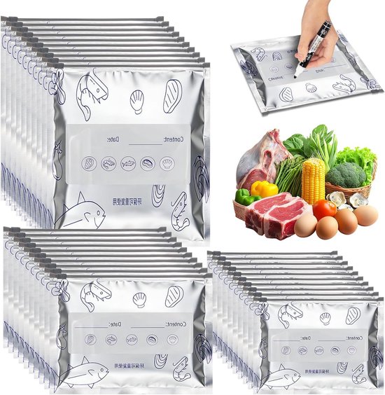 30 Stuks Herbruikbare Vriezerzakken, Sterke Aluminium Folie, Lekvrije Bewaarzakken voor Groenten, Vlees en Snacks in 3 Maten