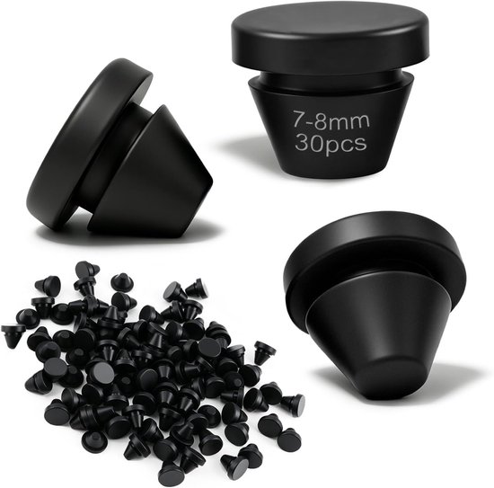 30 stuks rubberen stoppen voor 7-8mm gat, ronde siliconen stoppen rubberproppen zwart, gatstoppen waterdichte afsluitstoppen, rubberen doppen voor fles, meubel-eindkappen-inzetstukken, metalen