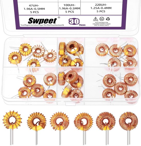 30 Stuks Toroïde Magnetische Inductor Assortiment Set met 6 Maten voor Transformatoren, DIY Inductiespoelen en Koper Draad