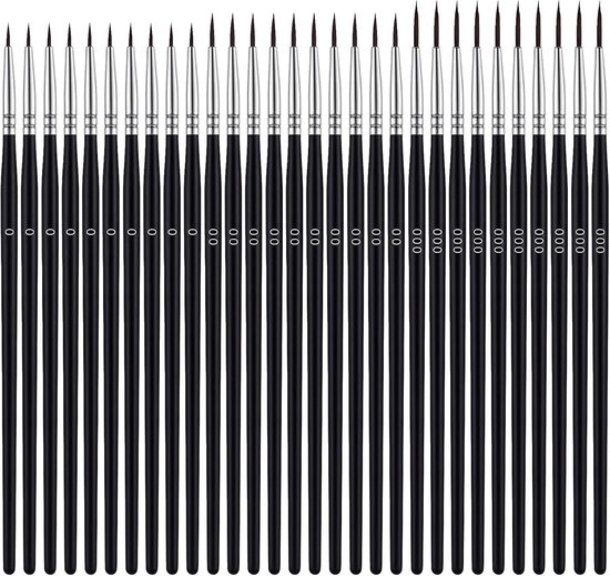 30 stuks verfborstels met fijne punt, #0 #00 # 000 dunne detailpenselen voor miniatuurmodellen, micro-kleine voeringborstel voor acrylaquarel, olieverf, precisie-ambachtelijke schilderborstel (zwart)