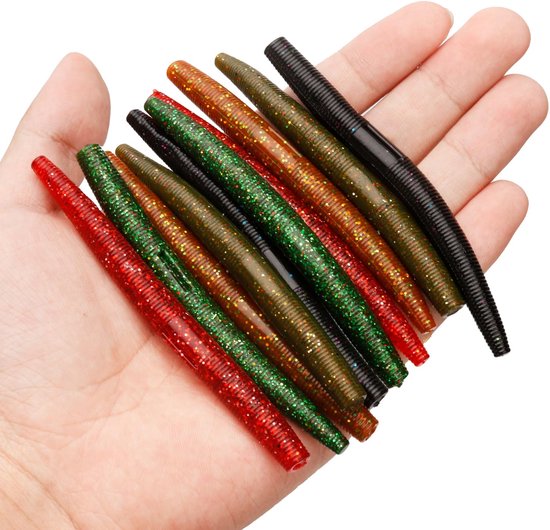 30 stuks Wacky Worm Soft Lures, 10cm Zeebaars Lures Rubber Stick Bait 5 Kleuren Zeebaars Lures Zachte Plastic Stick Worm Voor Zeebaars Zoetwater Zoutwater Vissen van Merkloos