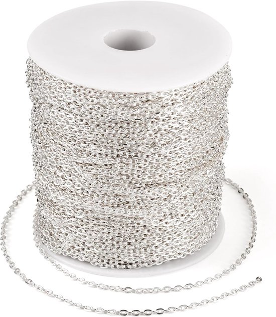 328 Feet Zilveren Platte Ovalen Link Kabel Ketting met Spoel voor Sieraden Maken, 3x2x0.6mm Rolo Kabel voor DIY Projecten en Creatieve Accessoires