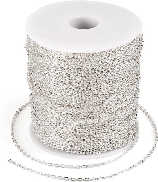 328 Feet Zilveren Platte Ovalen Link Kabel Ketting met Spool voor Sieraden Maken, 3x2x0.6mm, Ideaal voor DIY Projecten en Creatieve Accessoires van Merkloos