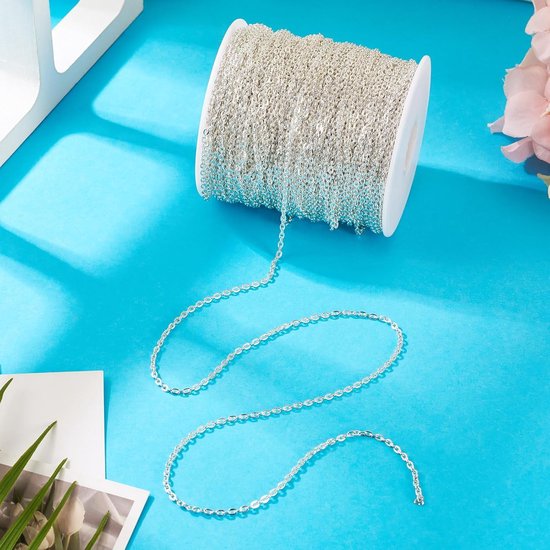 328 Feet Zilveren Platte Ovalen Schakel Kabel Ketting met Spoel voor Sieraden Maken, 3x2x0.6mm, Ideaal voor DIY Projecten en Creatieve Ontwerpen