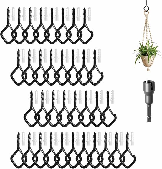 35 Pcs Stainless Steel Screw Hooks, Black, Screw Hooks, Fuse Wall Hooks with Metal Sleeve for Plants, Flower Pots - ShopVlot