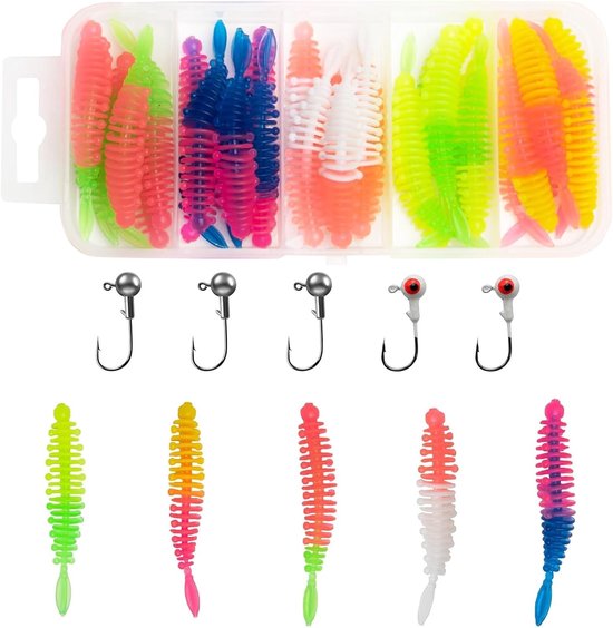 35 Stuks Vissen Accessoires Rubber Aas Set voor Forel, Baars en Snoek, Inclusief Jigkoppen voor Meren en Beekjes