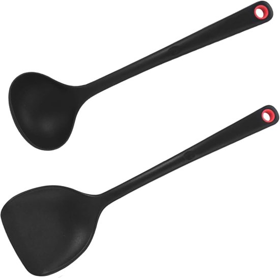 35,5 cm extra lange spatel, siliconen, 315 °C, hittebestendige anti-aanbaklaag, naadloze spatel met brede lepelkop, voor het braden van vis pannenkoeken (zwart, 2 stuks)
