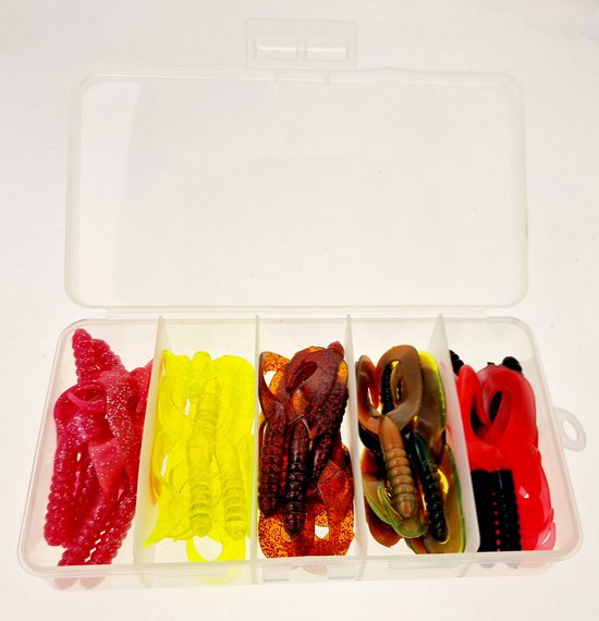 35x Twister dubbel 7,5cm - 3 inch assortiment A in diverse kleuren uit Amerika in een tackle box - Kreeftimitatie - Rivierkreeftimitatie van Eurotackle