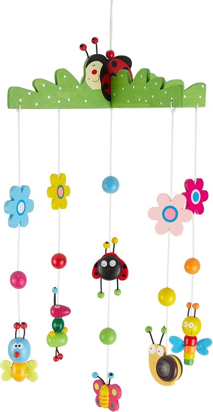 3D baby mobiele kevers van robuust hout, veel kleurrijke dieren en bloemen, blikvanger op het babybed, kinderbed, babytafel of aan de speelboog voor baby's vanaf 0 maanden