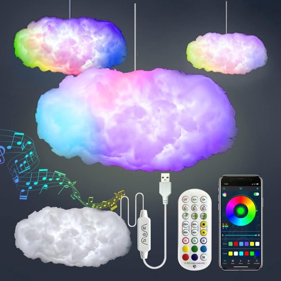 3D Big Cloud Lightning Light Kit Muziek Sync Warm Wit Multicolor Lightning Verandering Strip Lights 360 Graden Draadloze Afstandsbediening APP Geen DIY Cool Decoraties voor Volwassenen en Kinderen