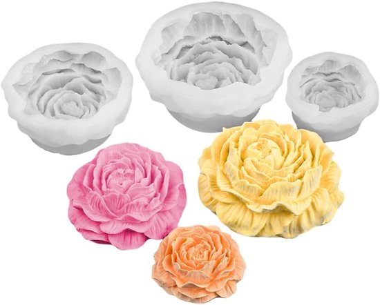 3D-pioenroos, bloemen, siliconen set, 3 maten, doe-het-zelf kaarsen, gietvormen, siliconen vorm, bloemen, kaarsvormen, siliconen zeepvorm, siliconen vorm bloemen voor zelfgemaakte kaarsen