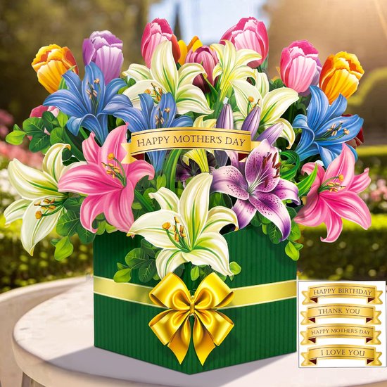 3D Pop-Up Kaart met Lilien en Tulpen voor Verjaardagen en Bijzondere Gelegenheden