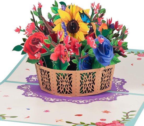 3D pop-up verjaardagskaart, Valentijnskaart, bedankkaart, afstudeerkaart, kaart voor verjaardag, bruiloft, jubileum, verloving, Valentijnsdagkaart met envelop, rozen en zonnebloemen, bloemenmand
