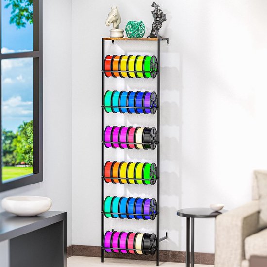 3D Printer Filament Opslagrek voor Muurmontage, 6 Laags Spoelhouder met Houten Bovenkant, Stevige Metalen Organizer voor Filament in Studio en Werkplaats