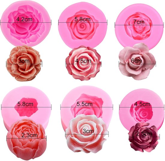3D Rozenbloem Siliconen Malletjes Set - 6 Stuks, Fondant, Zeep, Kaars, Taart, Chocolade, Snoep, Gebak, Dessert