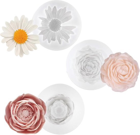 3D siliconen bloemvormen, siliconen vormen set, 3 stuks kaarsvorm bloemen, transparante siliconen zeep bloemvormen, kaarsvormen, roos chocoladevormen (pioenroos, roos, chrysant)