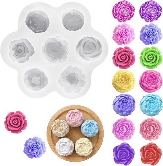 3D-siliconen vorm, bloemen, 7-voudige bloemenvorm, fondantvorm met rozen- en pioenrozenmotief, doe-het-zelf bloemen, kaarsvorm, siliconen voor zeep, fondant, chocolade, epoxyhars, mini-siliconen